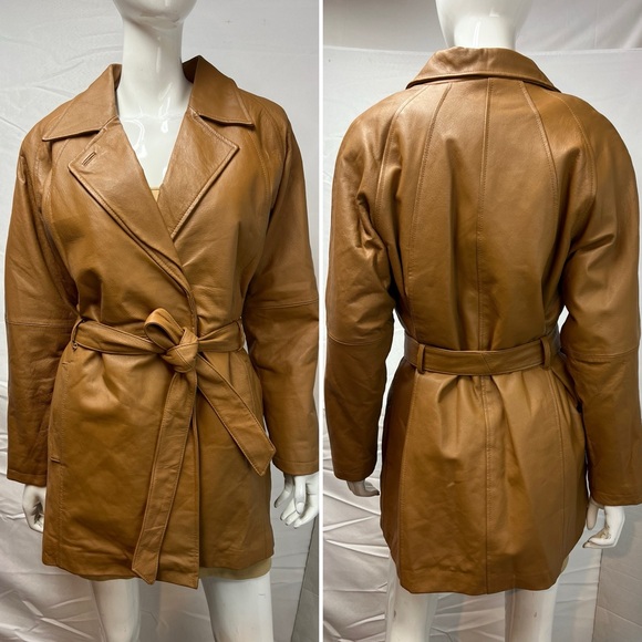 Vintage Jackets & Blazers - Vintage 90s Y2K Phase Two Women’s M Tan Brown Leather Belted Trench Coat Jacket